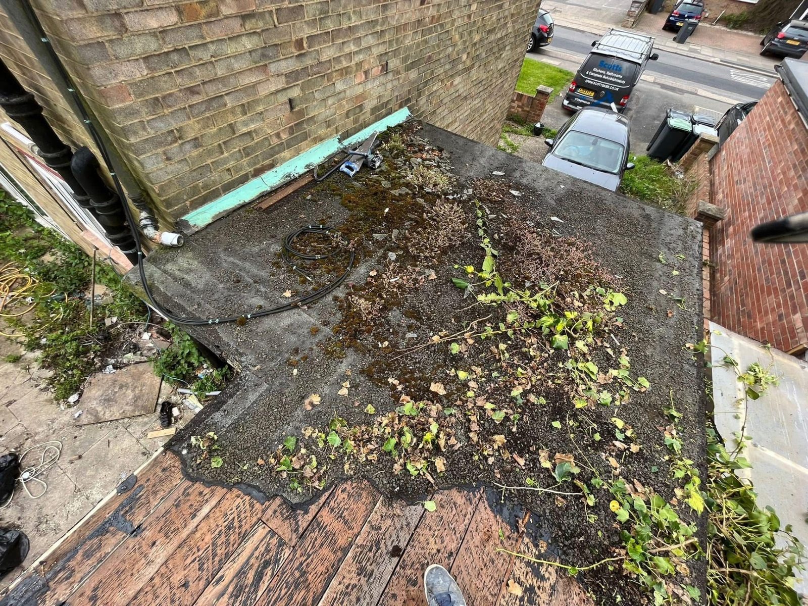 Failing flat roof before works showing moss, plant growth and damaged decking